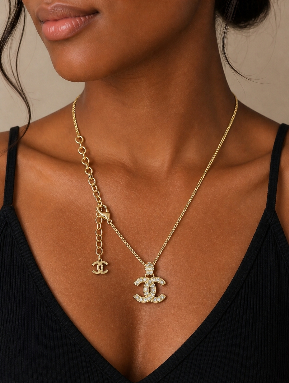 CHANEL Gold CC Crystal Pendant Necklace